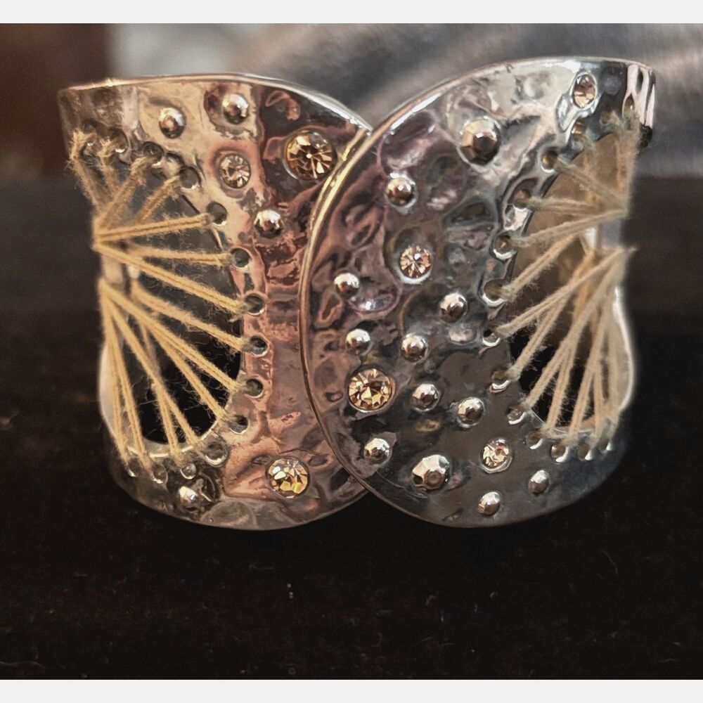 Artisan Hammered Boho Wide Cuff Silver Tone Rhinestone & Thread Bracelet